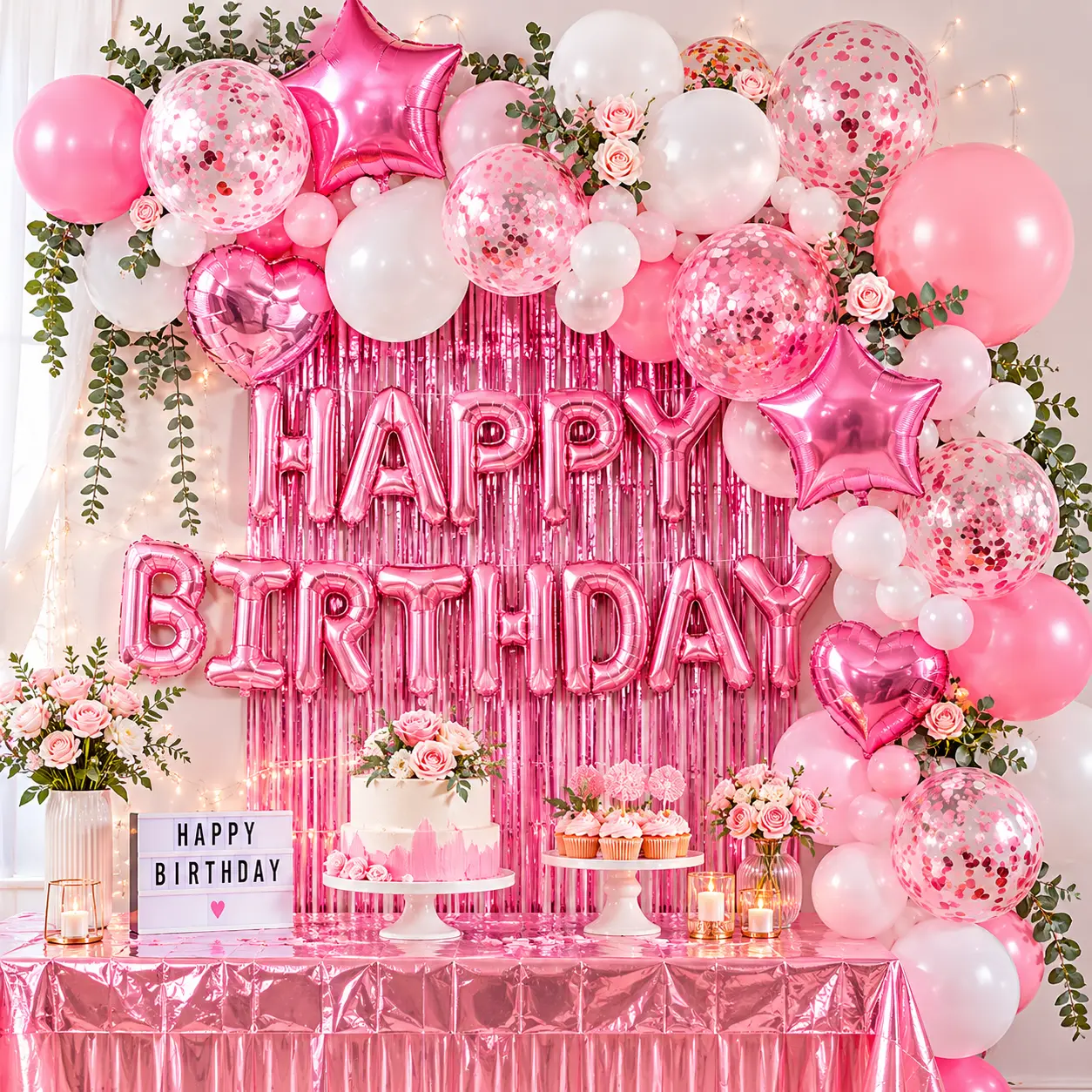 Shiny Pink Girls' Birthday Party Pack - Rose Gold Banner, Fringe Curtain, Heart Balloons, Star Accents, Pink Confetti, Foil Tablecloth Home Supplies Kit for Table Decor, Photo Backdrops