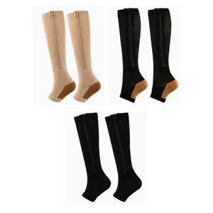These Knee High Compression Socks Feature A Convenient Zippered Design Breathable Contouring and Open Toe Crafted From High Quality Nylon They Are Unisex and Ideal for Athletes Travelers and Fitness Enthusiasts Alike