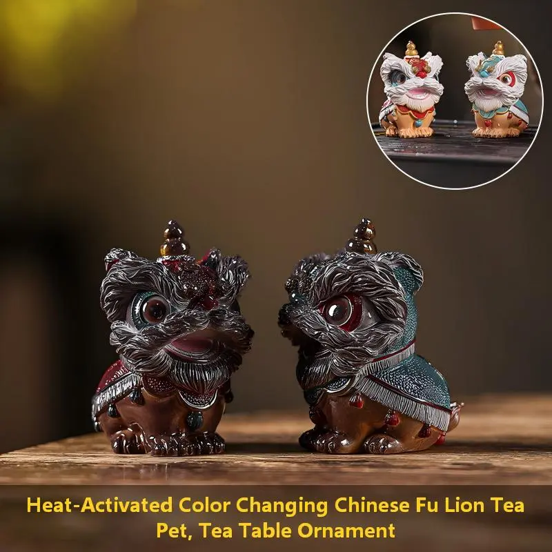 Color-Changing Textured Resin Chinese Lion Statue - Heat-Sensitive, Compact Mini, Oriental Folk Traditional Lucky Collectible Cultural Ornament for Desk Decor & Gifting