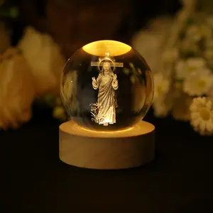 Crystal Ball Jesus Statue Wooden Base Glass Sphere Religious Collection Home Decoration Gift Ornament Glow-in-the-Dark