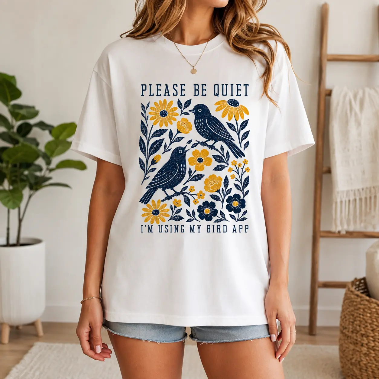 [100% Cotton] Please Be Quiet T-Shirt, I'm Using My Bird App Graphic Tee, Funny Birdwatching Shirt, Floral Nature Tshirt, Vintage Short Sleeve Shirt, Trendy Oversized Tee, Unisex Birding Gift For Men Women