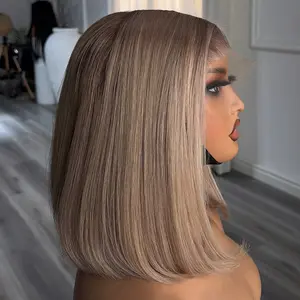 Ash Blonde Milk Tea Straight Bob Wig Human Hair 13x4 Hd Transparent Lace Frontal Wig Short Bob Wigs for Girls Pre Plucked with Baby Hair 180% Density