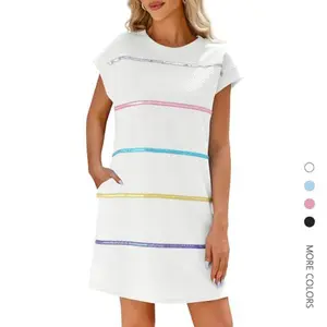 Women's Danedvi Short Striped Round Neck Cap-Sleeve Textured Sequin Loose Fit Mini T-Shirt Dress, Colorful Comfortable Breathable Lightweight Casual Style Summer Wear