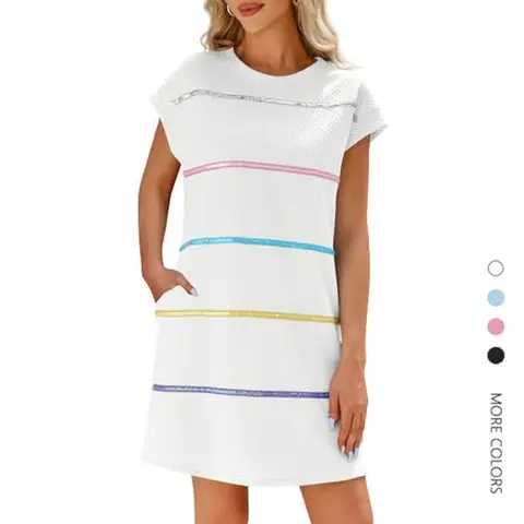 Women's Chic Sequin Striped Swing Mini Dress - Striped Pattern Casual Dresses, Short Sleeves, Cap Sleeves, Loose-Fit, Lightweight Fabric, Contrast Color Design, Colorful, Zipper Detail, for Summer Party, Daily Wear