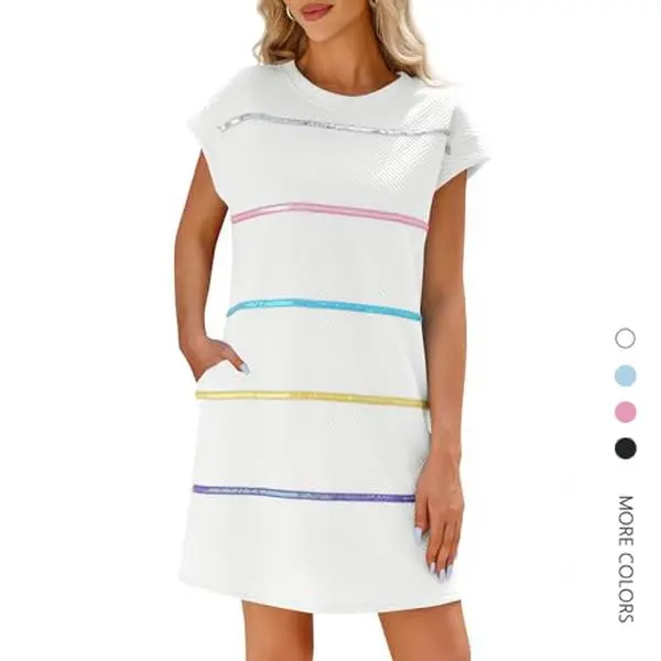 Women's Chic Sequin Striped Swing Mini Dress - Striped Pattern Casual Dresses, Short Sleeves, Cap Sleeves, Loose-Fit, Lightweight Fabric, Contrast Color Design, Colorful, Zipper Detail, for Summer Party, Daily Wear