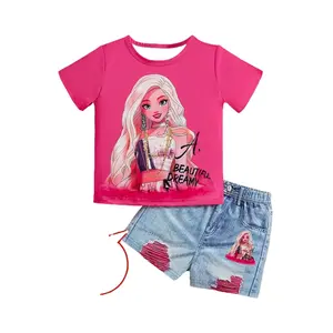 Stylish Girls' 2-Piece Summer Outfit Set - Celebrity Cartoon Print Short Sleeve Top + 3D Graphic Shorts |   Cute & Playful Casual Holiday Clothes for Outdoor Activities, Beach Trips & Playdates |   Breathable & Comfortable Girly Fashion (Toddler to Teen S