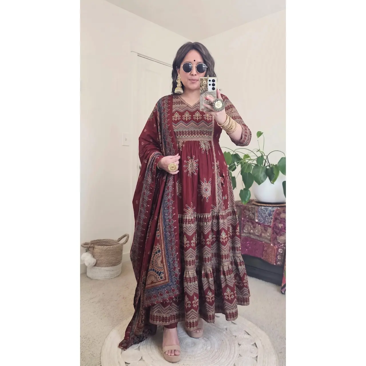 Anarkali Kurta Set for Women - Elegant Dark Maroon Printed Soft Cotton 3-Piece Indian Ethnic Partywear with Dupatta, 3 Piece Set, Breathable, Pants, Traditional Print, Dress