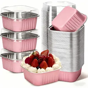 30Pack 5oz Pink Mini Cake Pans with Lids Baking Cups Aluminum Foil Pans Tins, Individual Dessert Cups Containers for Sales,Party,Picnics Bakeware  Square