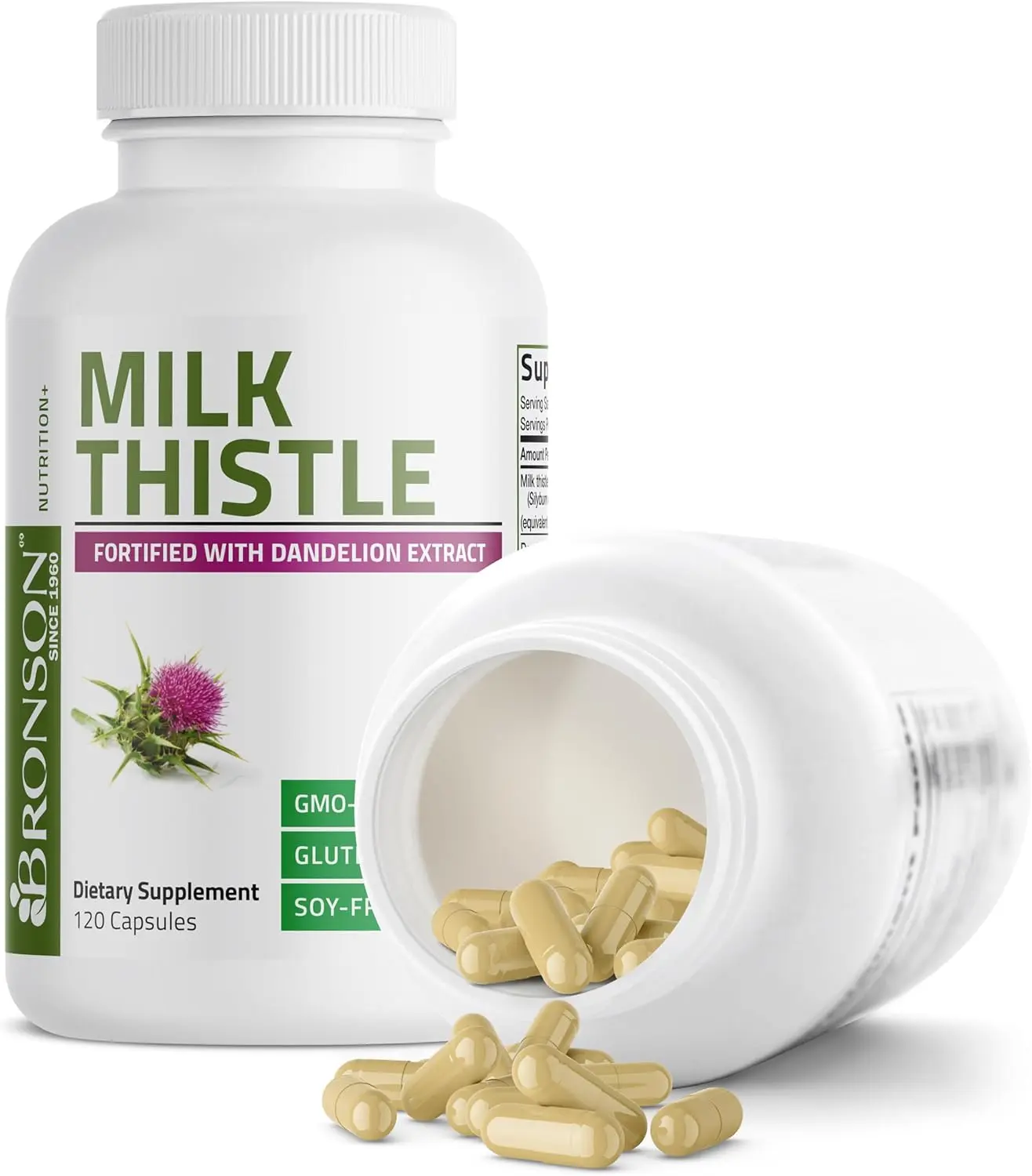 Bronson Herbal Dietary Supplement - Milk Thistle Silymarin Marianum & Dandelion Extracts, Liver Health Support, Antioxidant Boost, Detox Support, 120 Capsules, Herbs, Silymarin + Dandelion
