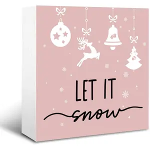 Let It Snow Decor Sign, Winter Christmas Signs for Home Decor, Pink Christmas Wooden Box Signs, Christmas Winter Decor Sign, Home Shelf Office Decoration, Pink Christmas Decor