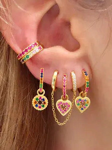 6Pcs Gold Plated Earrings Stack Set Earring Stacks Dainty Rainbow Cubic Zirconia Ear Clip Hoop Chain Heart Drop Earrings Pack Set Women Wedding Jewelry