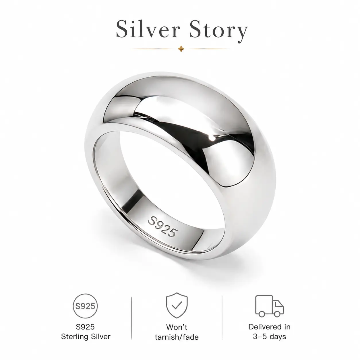 925 sterling silver Eterna Mirror Dome Silver Ring Ultra Polished Liquid Metal Inspired Band Minimalist Luxury Statement Ring for Men and Women High Shine Reflective Dome Design Fashion Jewelry Modern Aesthetic Bold Thick Comfort Fit Circle Ring