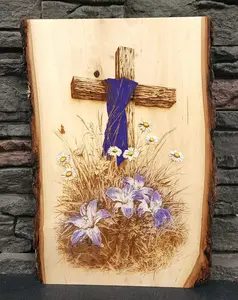 Laser Engraved Cross with Lilies on Live Edge Basswood Hand-Painted Floral Accents for Easter Decor & Christian Home Accents