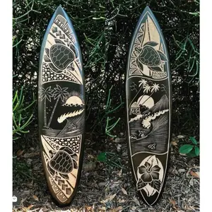 2 Set of Tropical Island, Surfer, Habiscus, and Sea Turtle Tribal Surfboard Wood Carvings Wall Plaque 39"x 10"