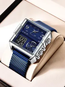 Men's Square Design Multifunctional Digital Quartz Watch, Modern Fashionable Wristwatch, Fashion Waterproof Watch for Party, Daily Decor, Trendy All-match & Exquisite Watch for Birthday Gift with Box