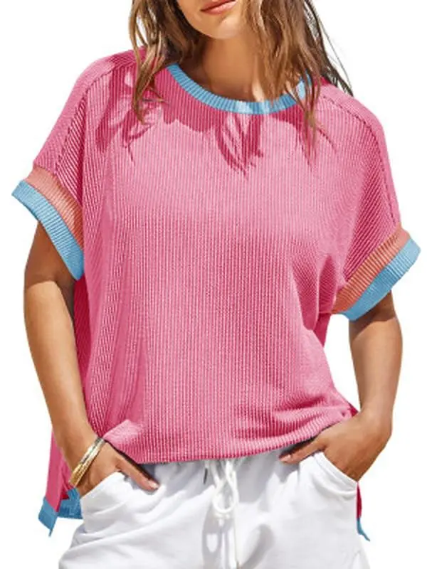 Women's Color Block Oversized Tops Trendy Casual Summer Textured Ribbed Knit T Shirts Loose Fit Short Sleeve Tshirts
