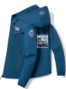 Men's Lightweight Polyester Fashion Hooded Jacket, American Bully Letter Print, Full Zipper Front, Casual Outdoor Spring Summer Coat