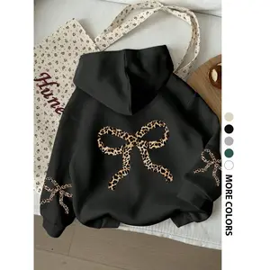 Women's Leopard Print Bow Hoodie, Casual Loose-Fit Drawstring Pocket Sweatshirt, Fall & Winter Fashion, Daily Outdoor Wear