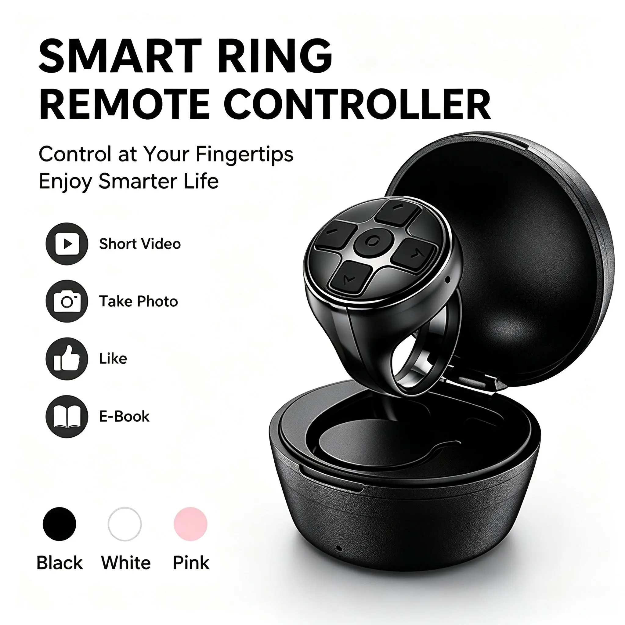 Smart Ring Remote Controller with Charging Case, Bluetooth Wireless Finger Remote for Short Video Scrolling, Photos, E-Books & Music, Hands-Free Phone Control