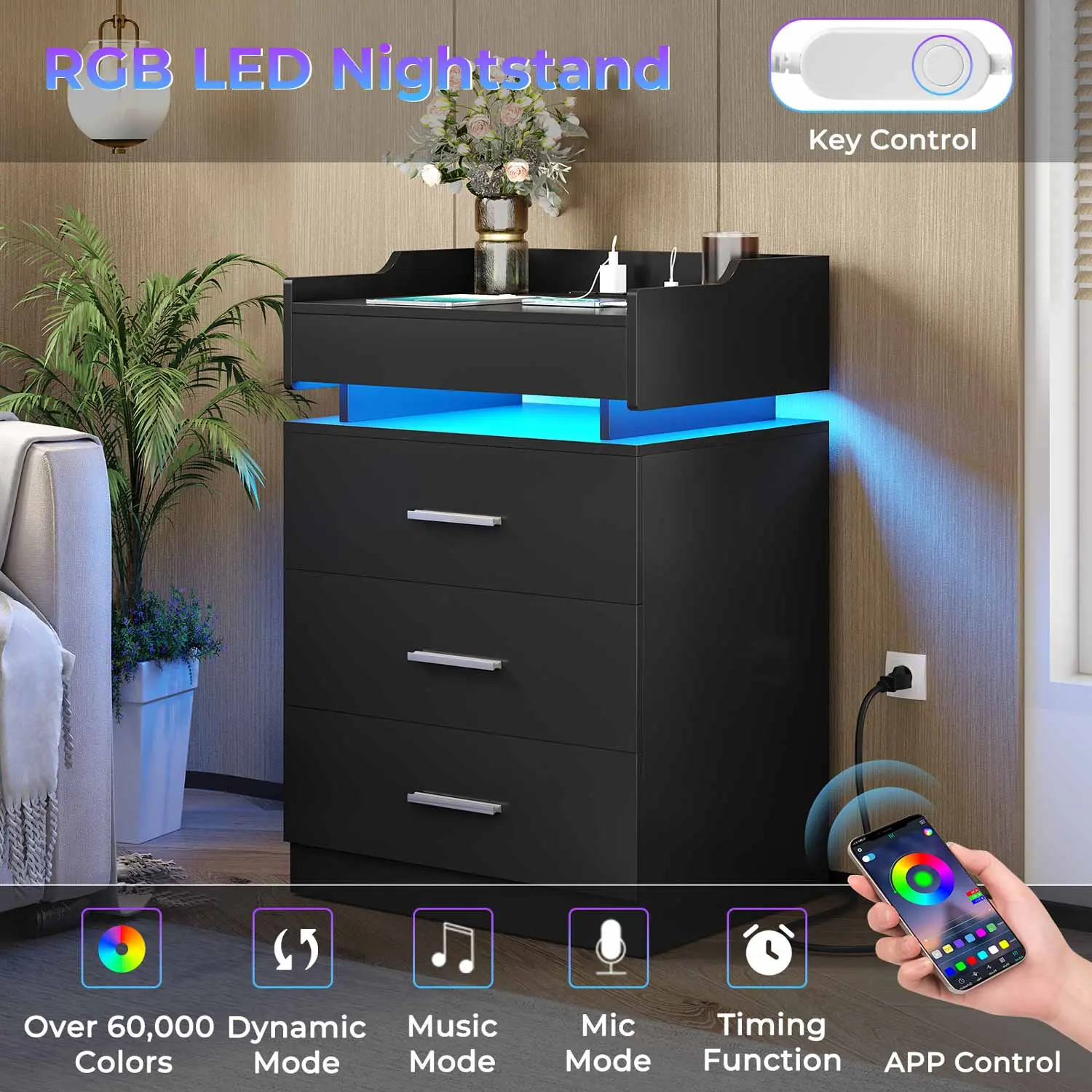SIKAIC LED Modern Storage Nightstand with Charging Station - Black Wood Bedroom Bedside Table with Storage, Modern Nightstand