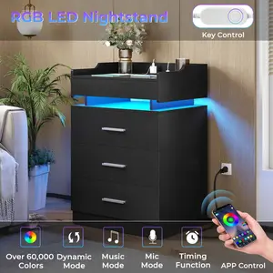 SIKAIC LED Nightstand with Charging Station, Black Wood Bedside Table with Storage for Bedroom