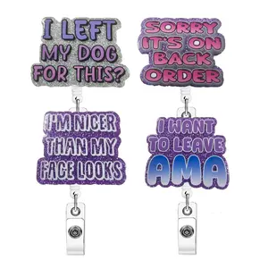 Funny English Letter Pattern Retractable Badge Reel, Compact Size 1 Count Acrylic Name Badge Holder, ID Badge Holder, Suitable for Nurses, Work, Volunteers, Office Workers, Badge Pins