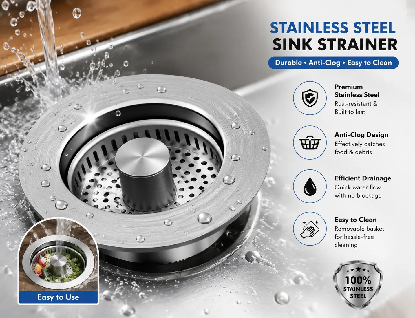 3-in-1 Kitchen Sink Drain Strainer & Stopper – 304 Stainless Steel Pop-Up Sink Plug with Anti-Clog Filter Basket, Fits 3-1/2 Inch US Standard Kitchen Sink Drains
