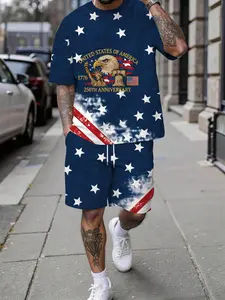 Men's Spring and Summer Casual Short-Sleeve Set, American 250th Anniversary Stars and Stripes Bald Eagle Print Trendy Fashion Short-Sleeve Set, Vacation-Style Trendy Outfit, Breathable Sporty Leisure Style, Perfect Festival Gift for Men