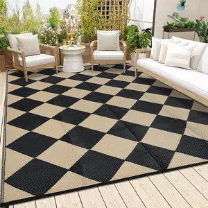 Outdoor Rug 320GSM PP Tube Woven Patio Area Rug, Modern Large Diamond Grid Black & White Outdoor Carpet for Deck Balcony Porch camping