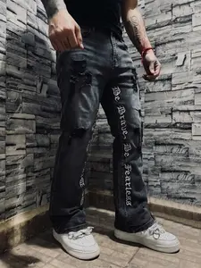 Men's Embroidered Jeans, Micro Flare Denim Jeans, Letter Stitching, Tight Fit, Ripped Bell Bottoms, Washed Y2K Style, All Seasons, Streetwear, Menswear