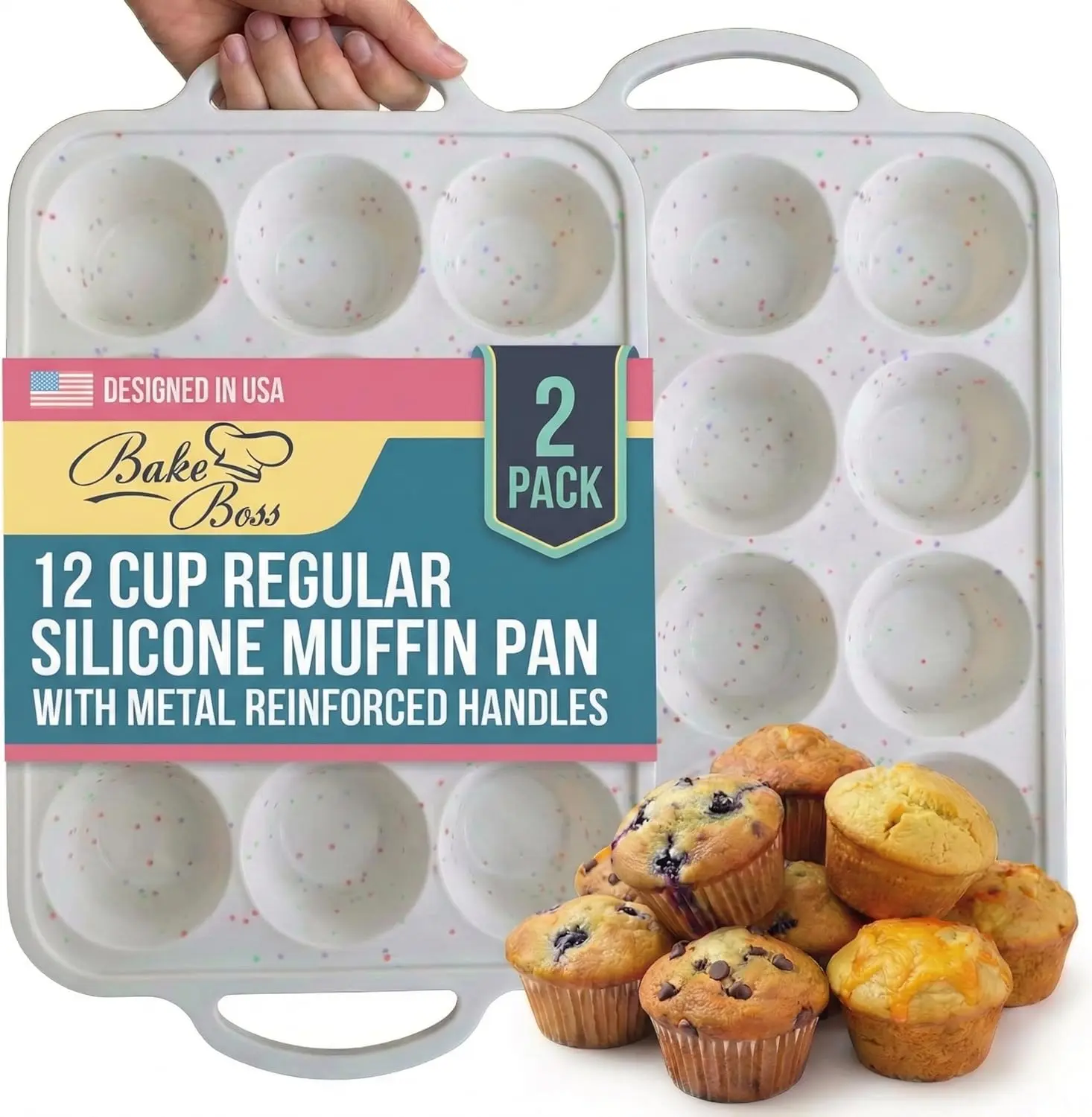 2-Pack Silicone Muffin Pan for Baking with Metal Reinforced Frame -12 Cup Regular Size Cupcake Pan, BPA Free Silicone Muffin Tray - Cupcake Baking Pan Molds for Oven & Dishwasher Safe