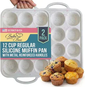 2-Pack Silicone Muffin Pan Set – Regular 12-Cup & Mini 24-Cup Nonstick Cupcake Pans – Metal-Reinforced Handles, BPA-Free, Non-Toxic, Dishwasher Safe, Cream Color Bakeware