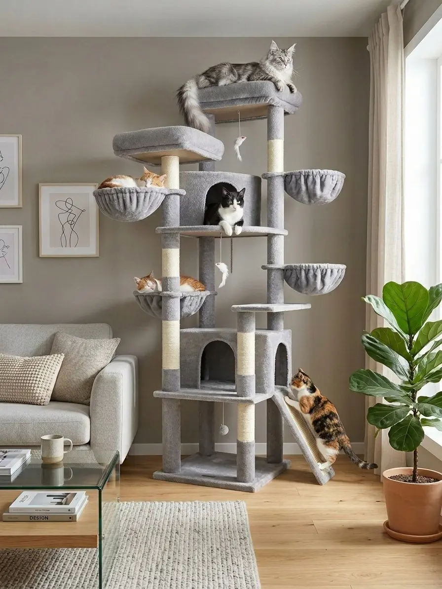 76” Extra Tall Cat Tree for Large Cats – Multi-Level Cat Condo Tower with Basket, Platforms & Cozy Houses | Globlazer F76C - LG