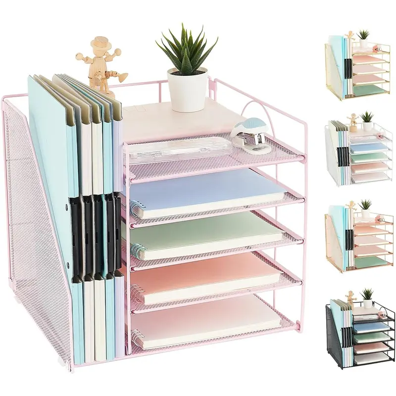 Office Desk Organizer, 5-Tier Paper Letter Tray with File Holder Multifunction Office Supplies and Accessories for Office School Home (Pink)
