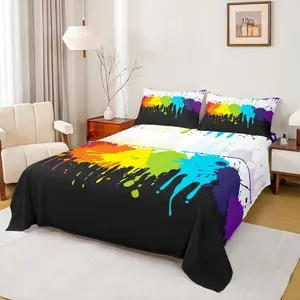 Rainbow Tie Dye Bed Sheets,Colorful Splash Paint Sheet Set,Multicolor Grafitti Sheets Luxury,Modern Abstract Art Decor for Home Dorm Room Black White,Microfiber Soft