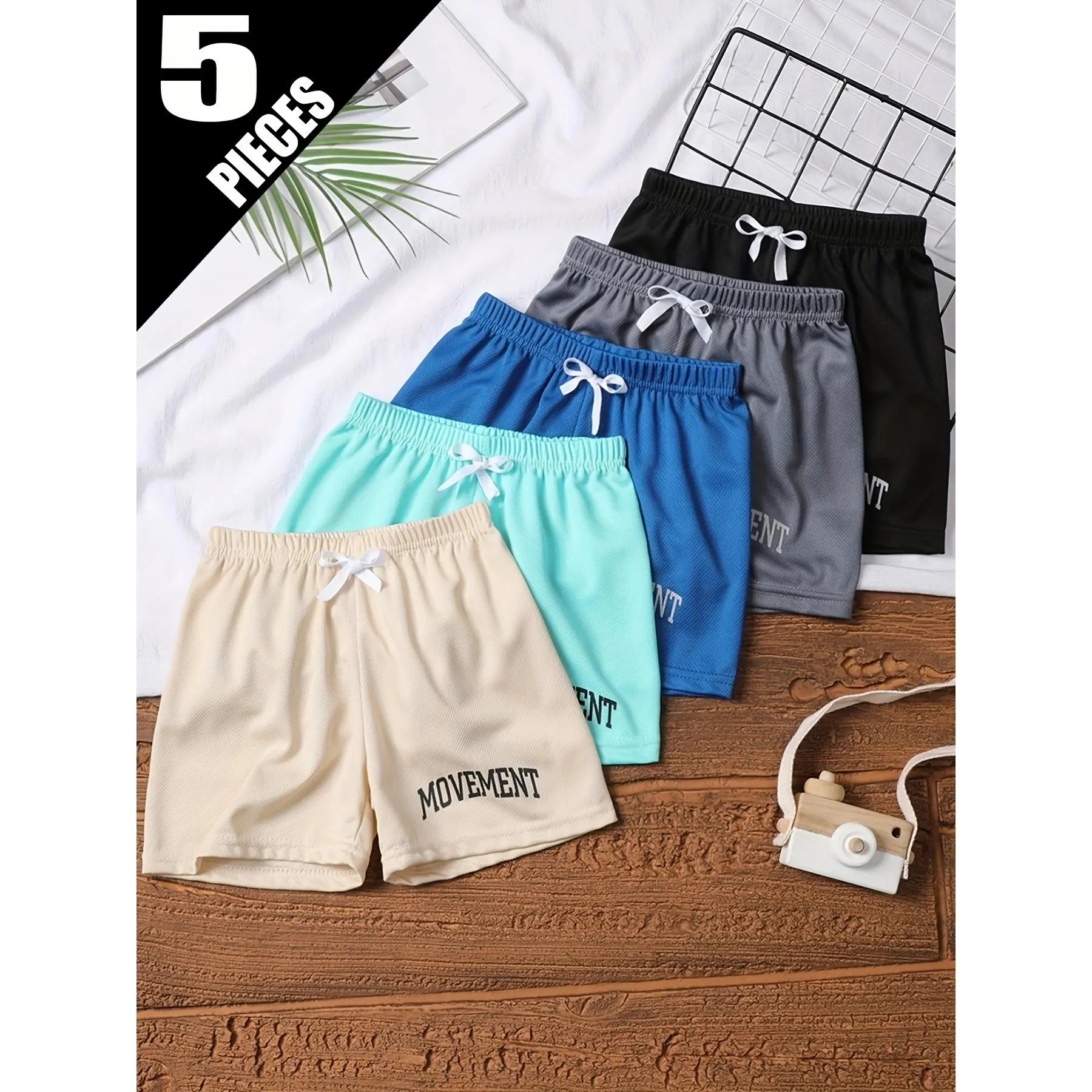 Kids' Unisex 5-Pack Streetwear Sports Shorts - High-Quality, Lightweight, Breathable, Quick-Dry, Elastic Waistband with Drawstring, Letter Print, Casual Bottoms for Ages 4-12, Perfect for Outdoors