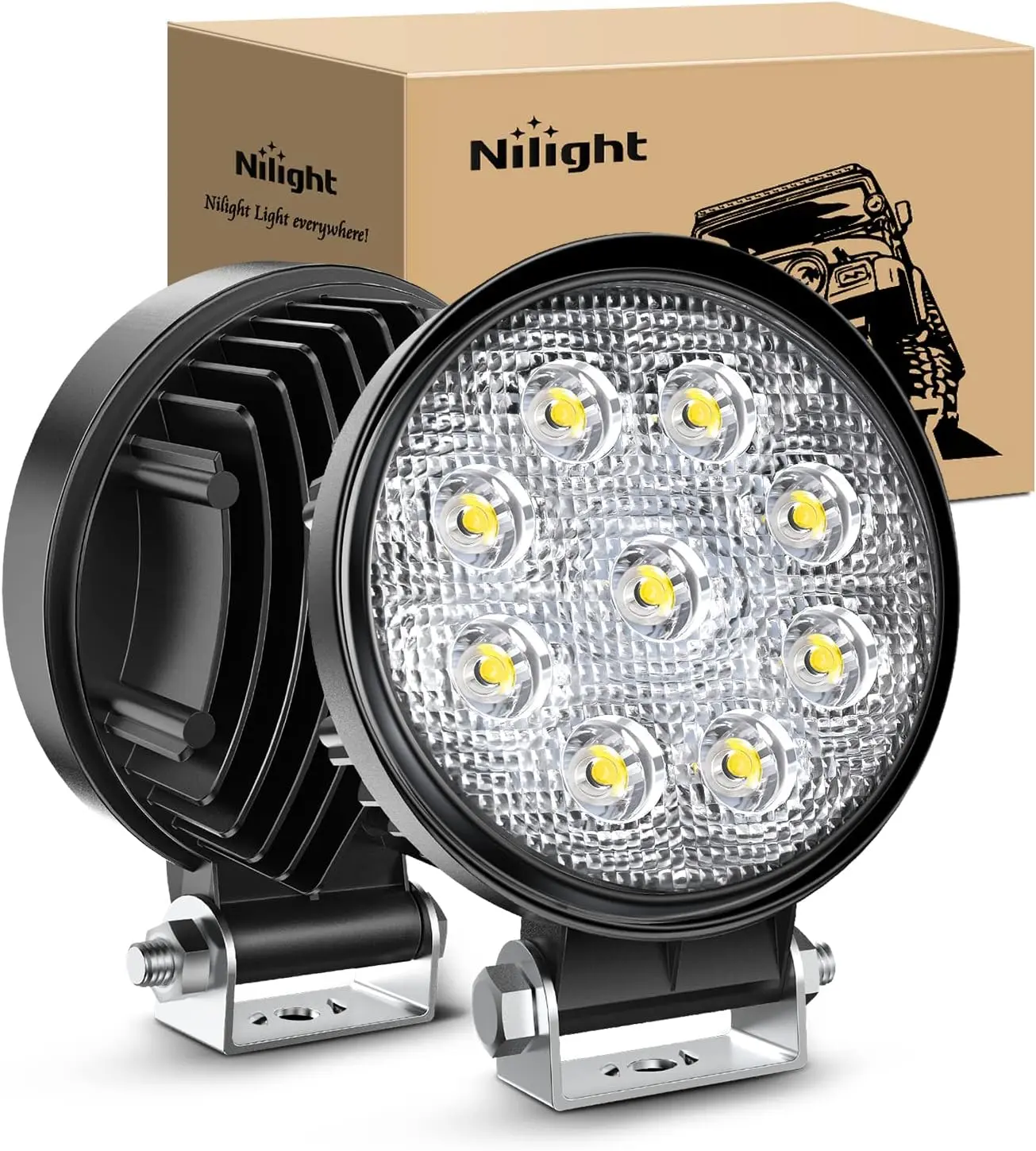 Nilight 2PCS 4.5" 27W 3000LM Round Shape Aluminum Adjustable LED Flood Light Pods - Automotive Off-Road Fog Driving Lights with Mounting Kit for SUV, Truck