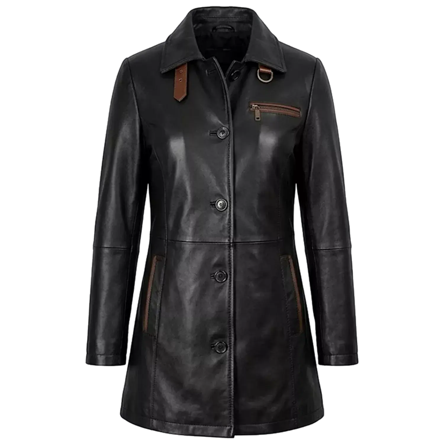 Women’s Black Leather Workwear Coat | Brown Trim Button Front Utility Jacket