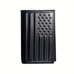 Western American Falg Design Full Grain Leather Trifold Wallet for Men Vintage Genuine Leather Short Wallet Credit Card Holders Wallet, Gift For Christmas