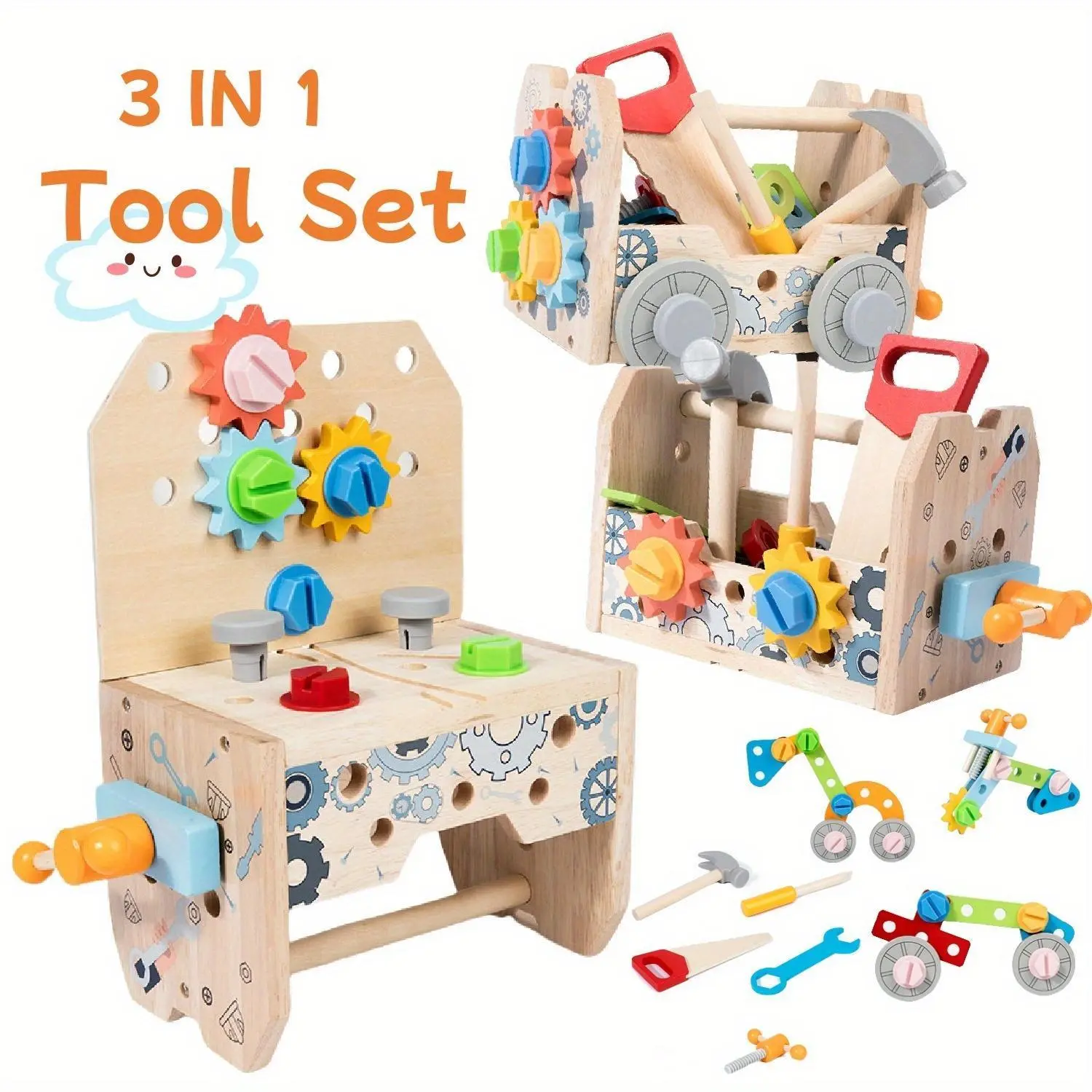 Montessori 3-in-1 50-Piece Wooden Tool Table & Tool Box Multi Activity Playset, STEM Learning Pretend Construction Toy with Playset Accessories for Toddlers 3+, Valentine's Day Gift