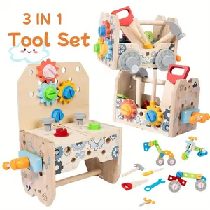 Montessori 3-in-1 50-Piece Wooden Tool Table & Box Toddler Play Set, STEM Learning Construction Pretend Play Toy for Toddlers 3+, Valentine's Day Gift