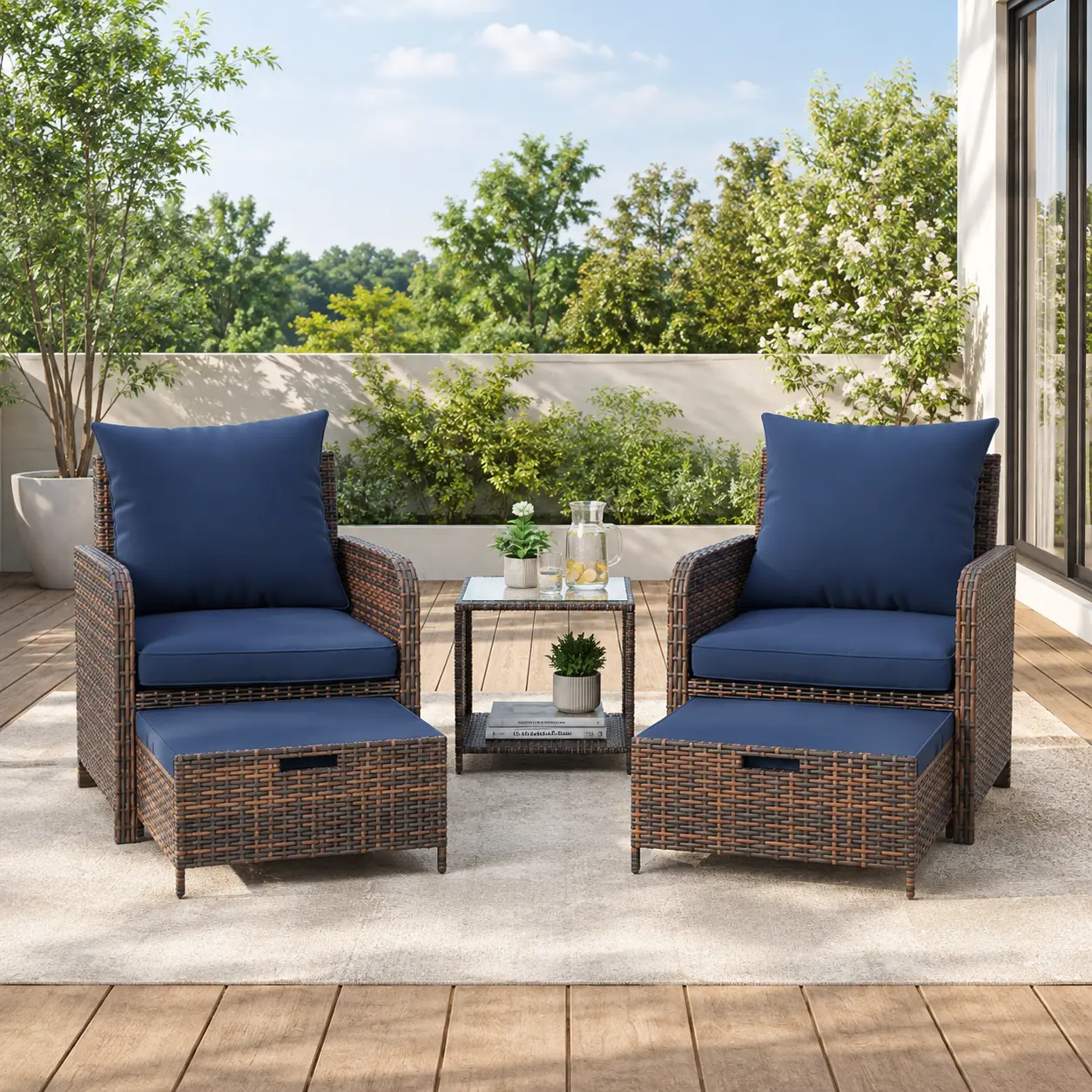UDPATIO 5 Piece Patio Furniture Set, 2 Person Brown PE Rattan Outdoor Conversation Set with 2 Wicker Chairs, 2 Ottoman Footrests and Storage Coffee Table, 4 Inch Navy Cushions, Space-Saving Patio Seating for Porch Balcony Backyard Poolside