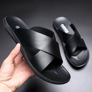 Men’s cross-strap slides in black/brown, non-slip and wear-resistant; business slide sandals for summer outdoor casual wear