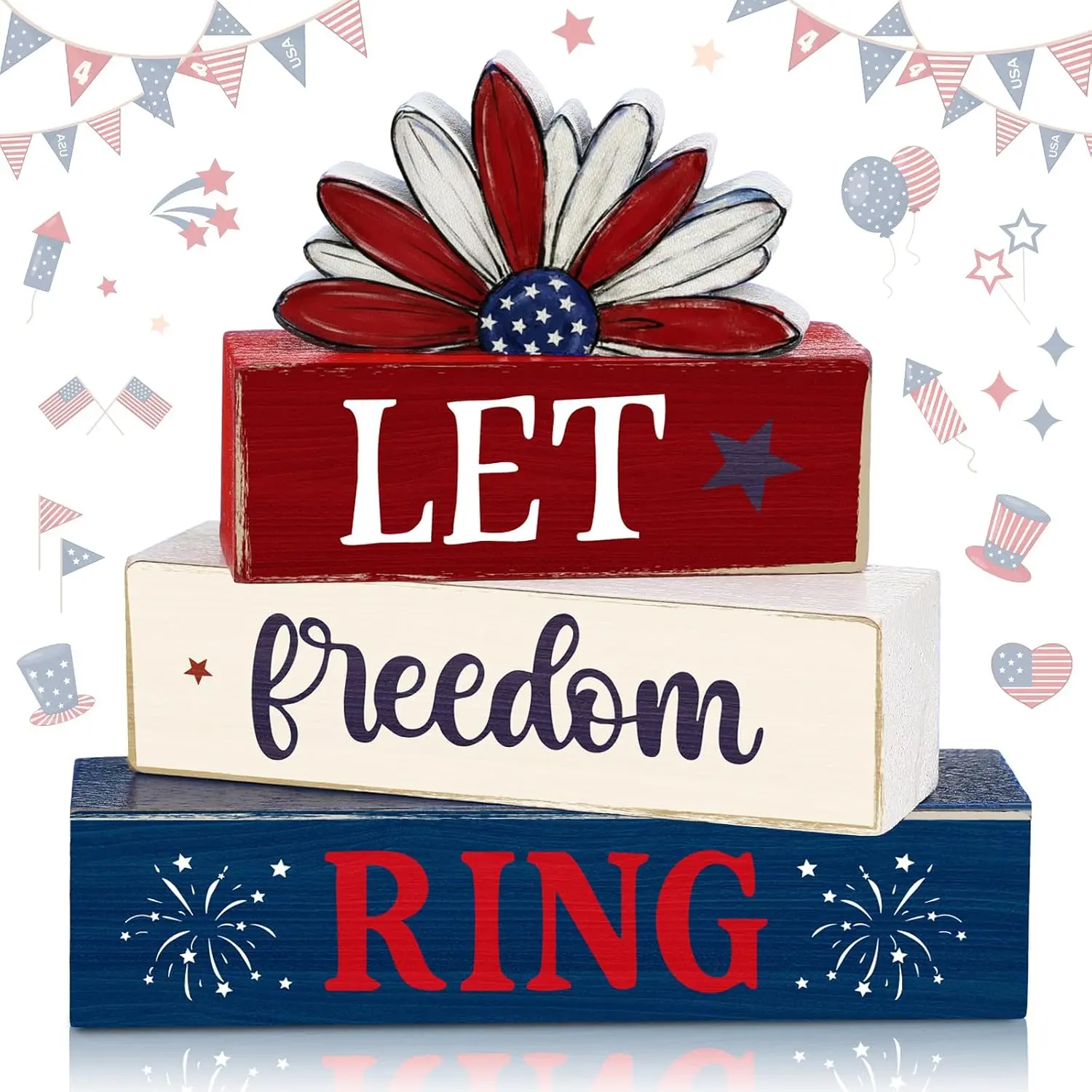 250th Anniversary Decoration 4th of July Wooden Tiered Tray Decor Let Freedom Ring Patriotic Table Centerpiece Red White Blue Daisy Block Signs for Home Shelf Coffee Bar