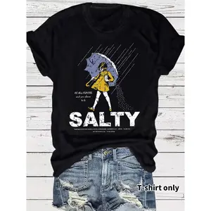 Women's Vintage Umbrella Girl Print Round Neck Tee, Fashion Casual Short Sleeve Fitted T-shirt for Daily Wear, Ladies Summer Clothes, Top, Womenswear