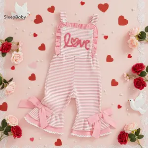 Love-Themed Baby Girl Jumpsuit: Valentine's Day Embroidered Overalls with Striped Bell Bottoms, Sleeveless Toddler Romper for Holiday Photos & Gifts (6M-4Y)