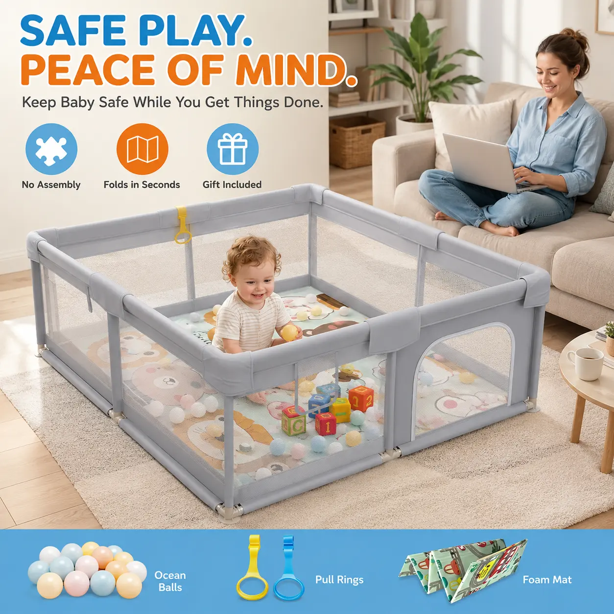 Extra Large Baby Playpen with Soft Mat and Ocean Balls, Foldable Infant Play Yard with Pull Ring Activity Toys, Spacious Toddler Safety Fence, Indoor Baby Activity Center for Crawling, Playing and Learning