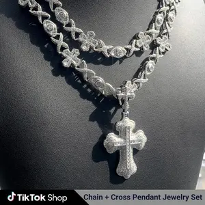 46-51cm Length Chain with Cross Pendant Necklace Zirconia CZ Jewelry Set Hip Hop for Men Women Gift Daily Wear Decor Accessory