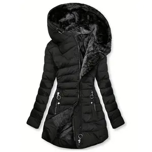Zip Hooded down Jacket, Casual Long Sleeve Pocket Faux Fur Lining Warm Winter Clothing, Women's Clothing