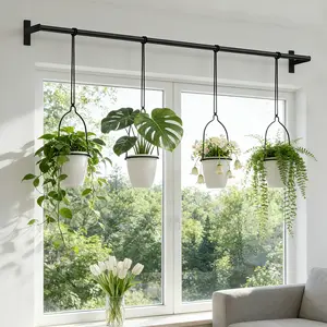 1 Set of Metal Adjustable Hanging Flower Pots, Attached 3/4 Plastic Flower Pots, Indoor Windows and Ceiling Herb Garden Tracks, Wall Plant Hanger with Nylon Rope, 40.7Inch Wide Expandable Kitchen Drawer Rack, Kitchen Slide-out Storage Rack